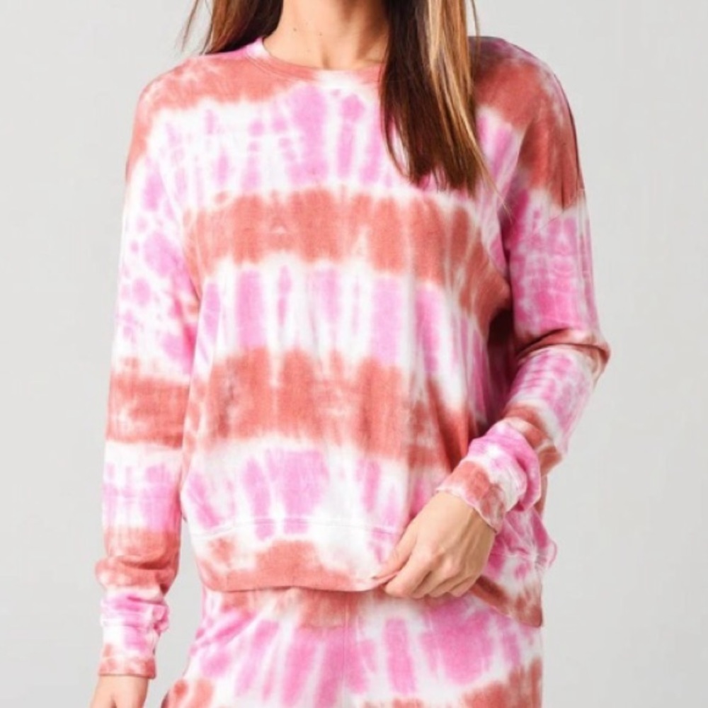 Sundry Pink Red White Tie Dye Terry Pullover Sweatshirt Top Sz 2 Small